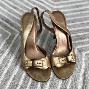 EUC Distressed Gold Leather Heels, Made in Brazil!
